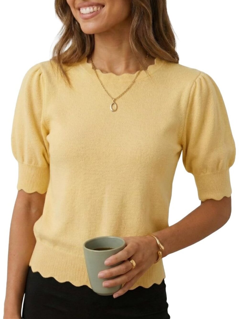 Women's Light Yellow Short Sleeve Crew Neck Pull On Imported Casual Sweater